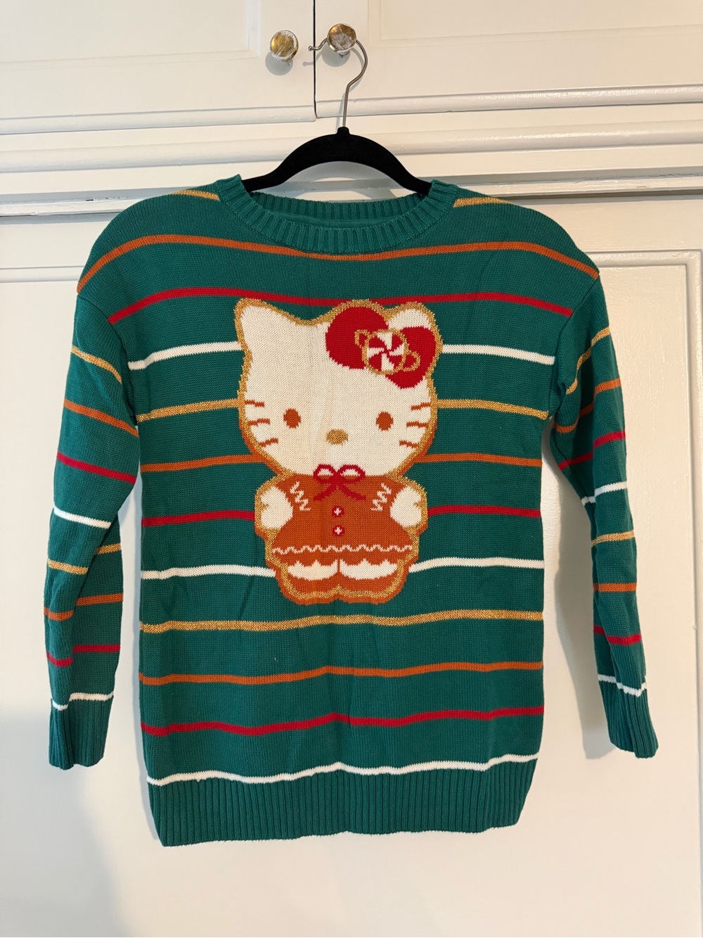 Hello Kitty Teal Sweater with Red, Gold & Orange Stripes